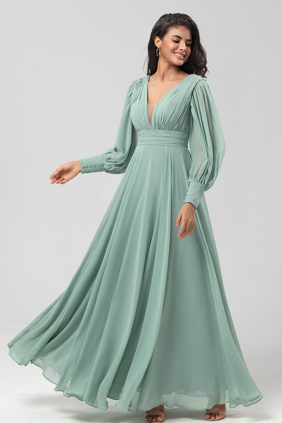 Partywear HELLYMOON | Detachable Long Sleeves Chiffon Green Bridesmaid Dress With Pleated