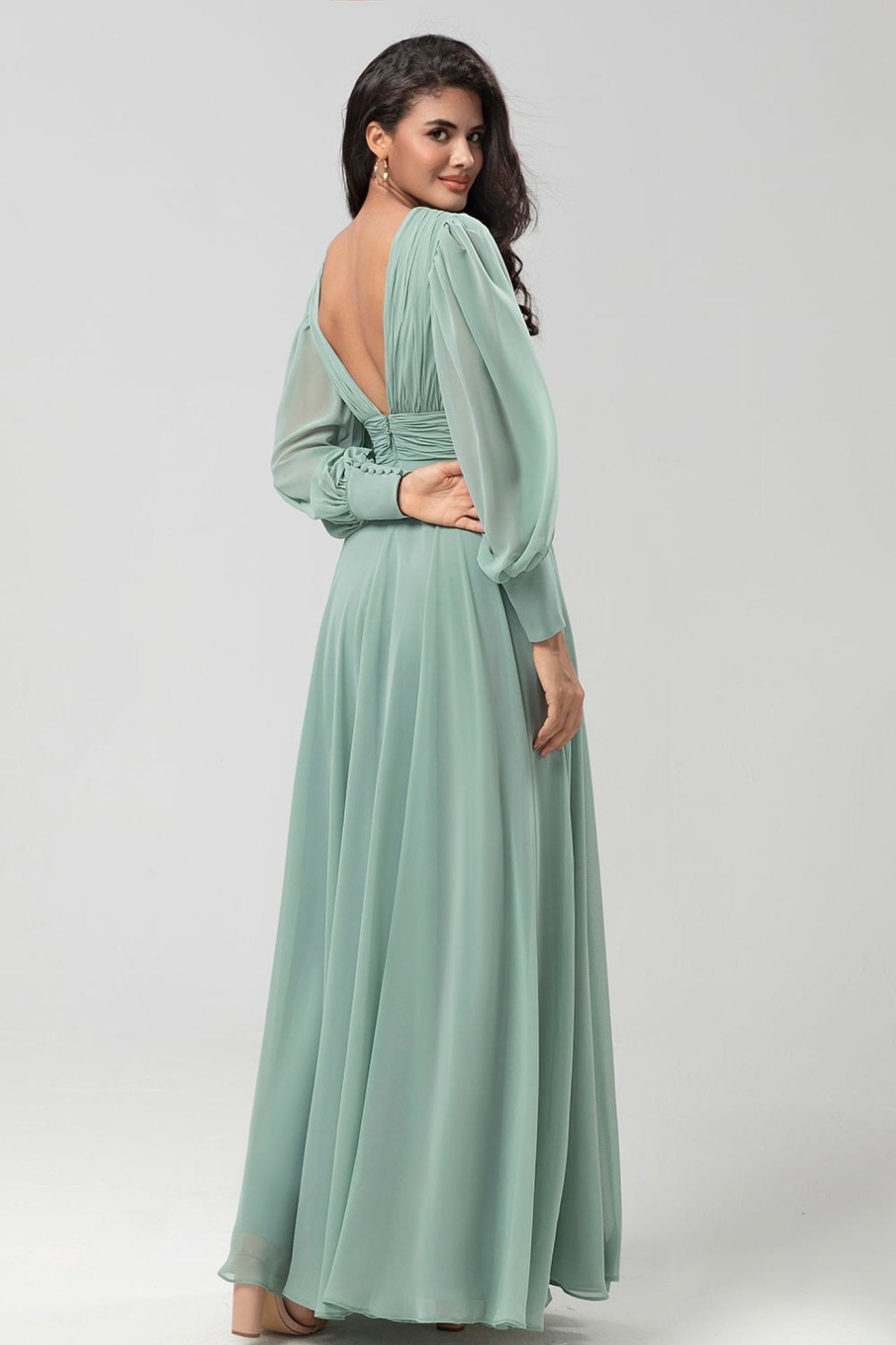 Partywear HELLYMOON | Detachable Long Sleeves Chiffon Green Bridesmaid Dress With Pleated