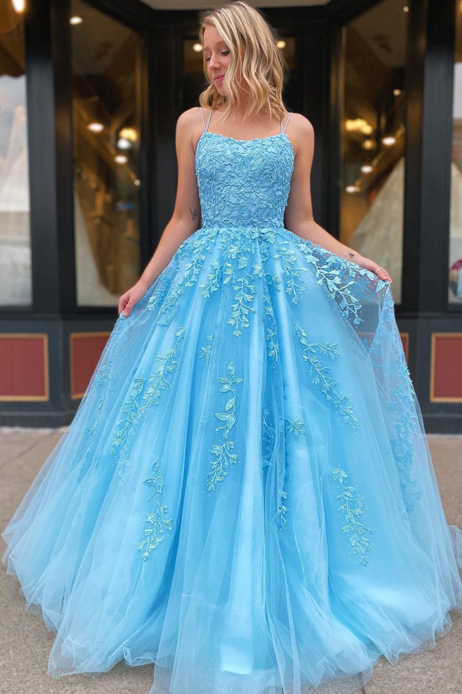 Prom Dresses HELLYMOON | Spaghetti Straps Long Princess Prom Dress With Appliques