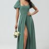 Partywear HELLYMOON | Chiffon Puff Sleeves A Line Green Bridesmaid Dress