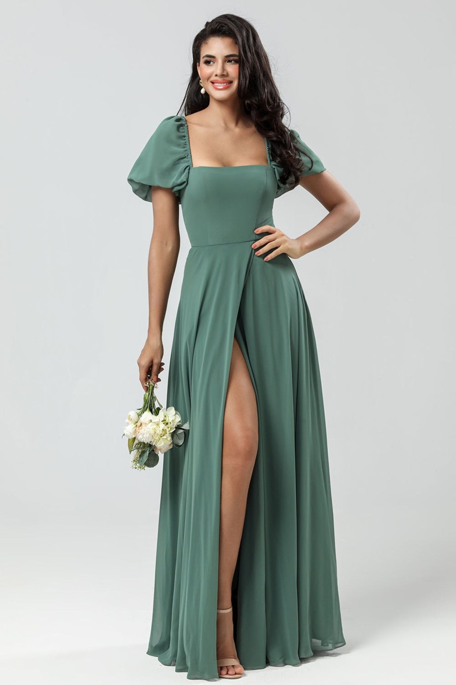 Partywear HELLYMOON | Chiffon Puff Sleeves A Line Green Bridesmaid Dress