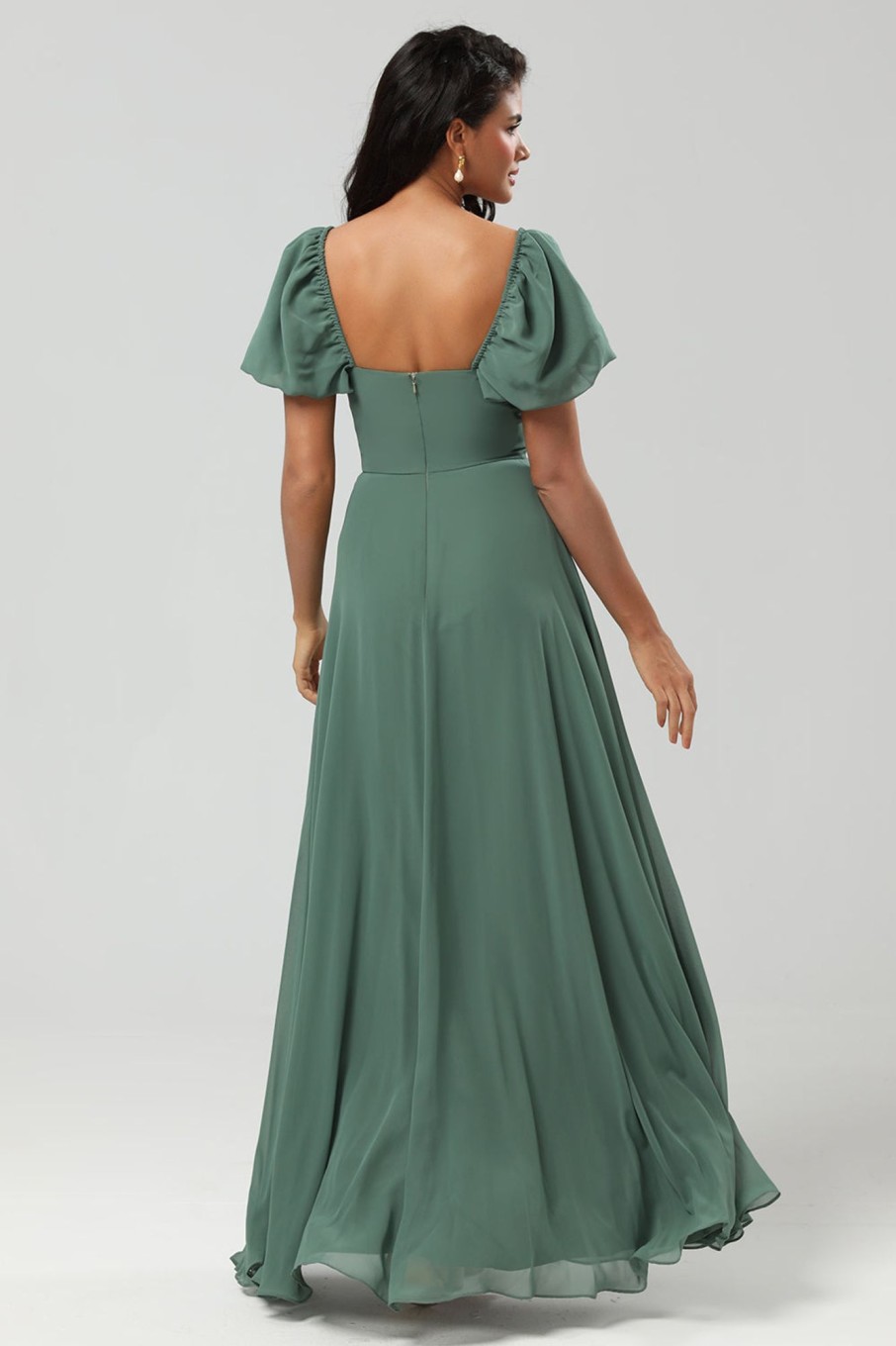 Partywear HELLYMOON | Chiffon Puff Sleeves A Line Green Bridesmaid Dress