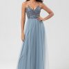 Partywear HELLYMOON | A Line Spaghetti Straps Dusty Blue Long Bridesmaid Dress With Beading