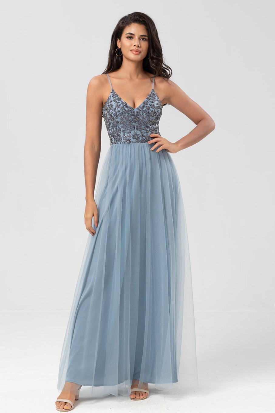 Partywear HELLYMOON | A Line Spaghetti Straps Dusty Blue Long Bridesmaid Dress With Beading