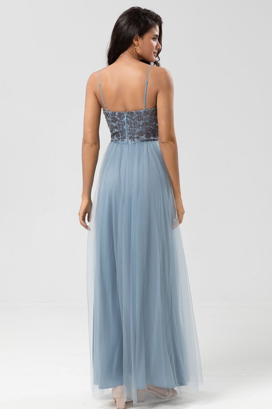 Partywear HELLYMOON | A Line Spaghetti Straps Dusty Blue Long Bridesmaid Dress With Beading