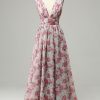 Prom Dresses HELLYMOON | And Pink Floral A Line Long Prom Dress Grey