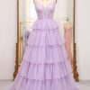 Prom Dresses HELLYMOON | A-Line Spaghetti Straps Tiered Prom Dress With Appliques Lilac