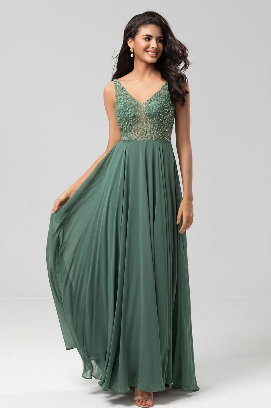 Partywear HELLYMOON | A Line V Neck Long Bridesmaid Dress With Beading