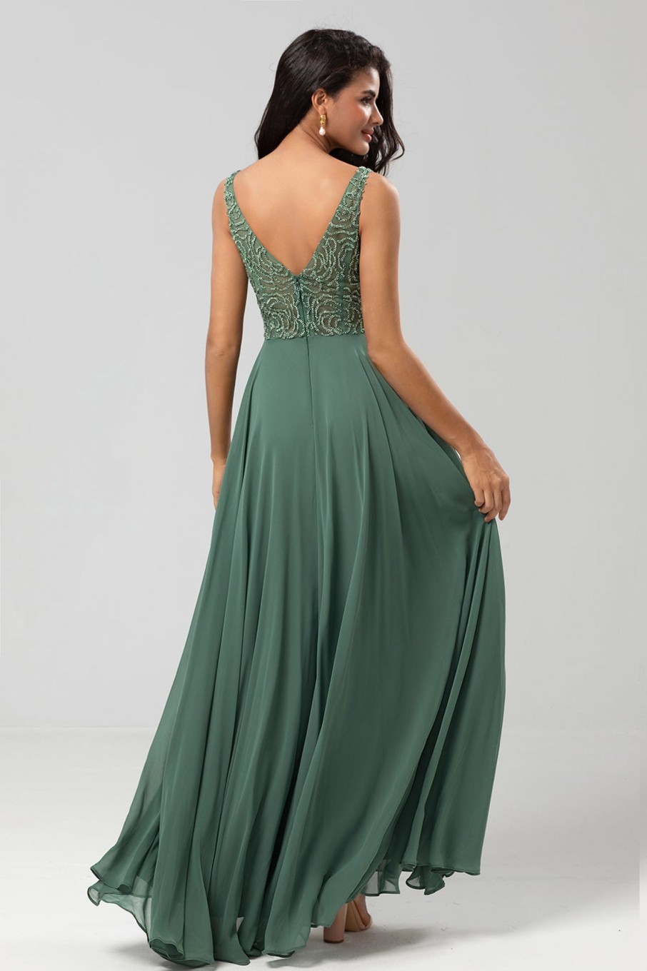 Partywear HELLYMOON | A Line V Neck Long Bridesmaid Dress With Beading