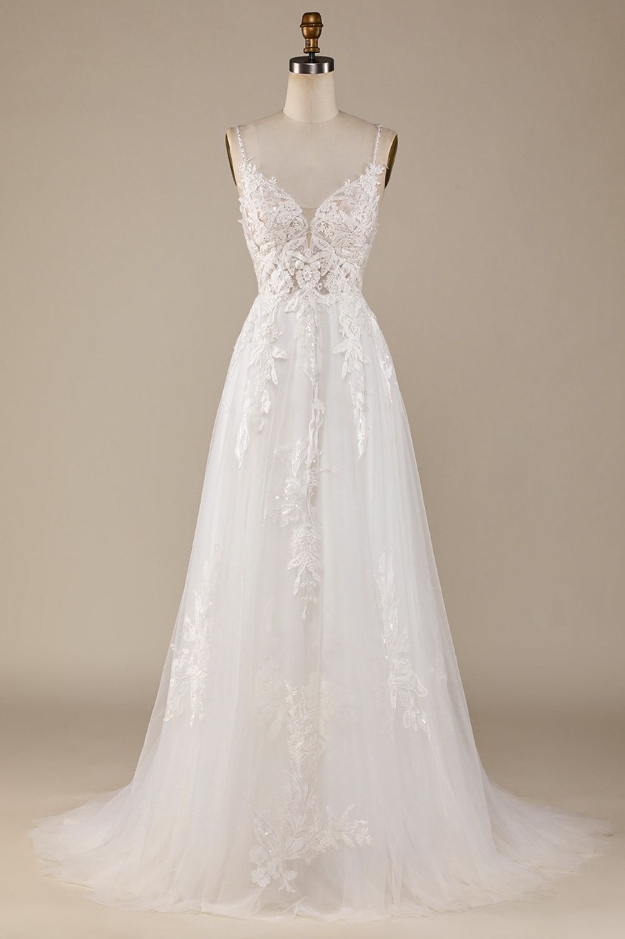 Wedding Dresses HELLYMOON | A-Line Tulle Criss-Cross Straps Back Wedding Dress Ivory