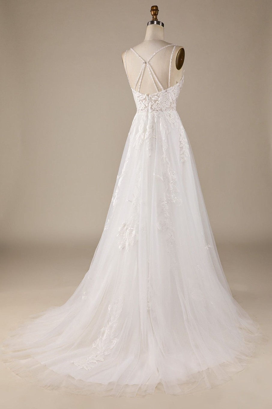 Wedding Dresses HELLYMOON | A-Line Tulle Criss-Cross Straps Back Wedding Dress Ivory