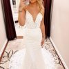 Wedding Dresses HELLYMOON | Spaghetti Straps Long Train Lace Mermaid Wedding Dress Ivory