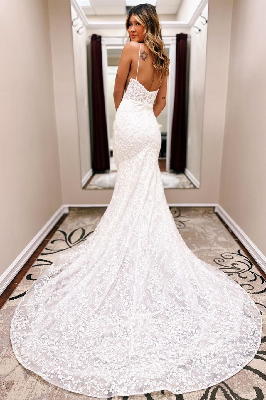 Wedding Dresses HELLYMOON | Spaghetti Straps Long Train Lace Mermaid Wedding Dress Ivory