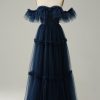 Prom Dresses HELLYMOON | A-Line Off The Shoulder Sweetheart Tulle Long Prom Dress Navy