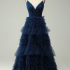 Special Occasion HELLYMOON | A Line Spaghetti Straps Princess Prom Dress With Slit Navy