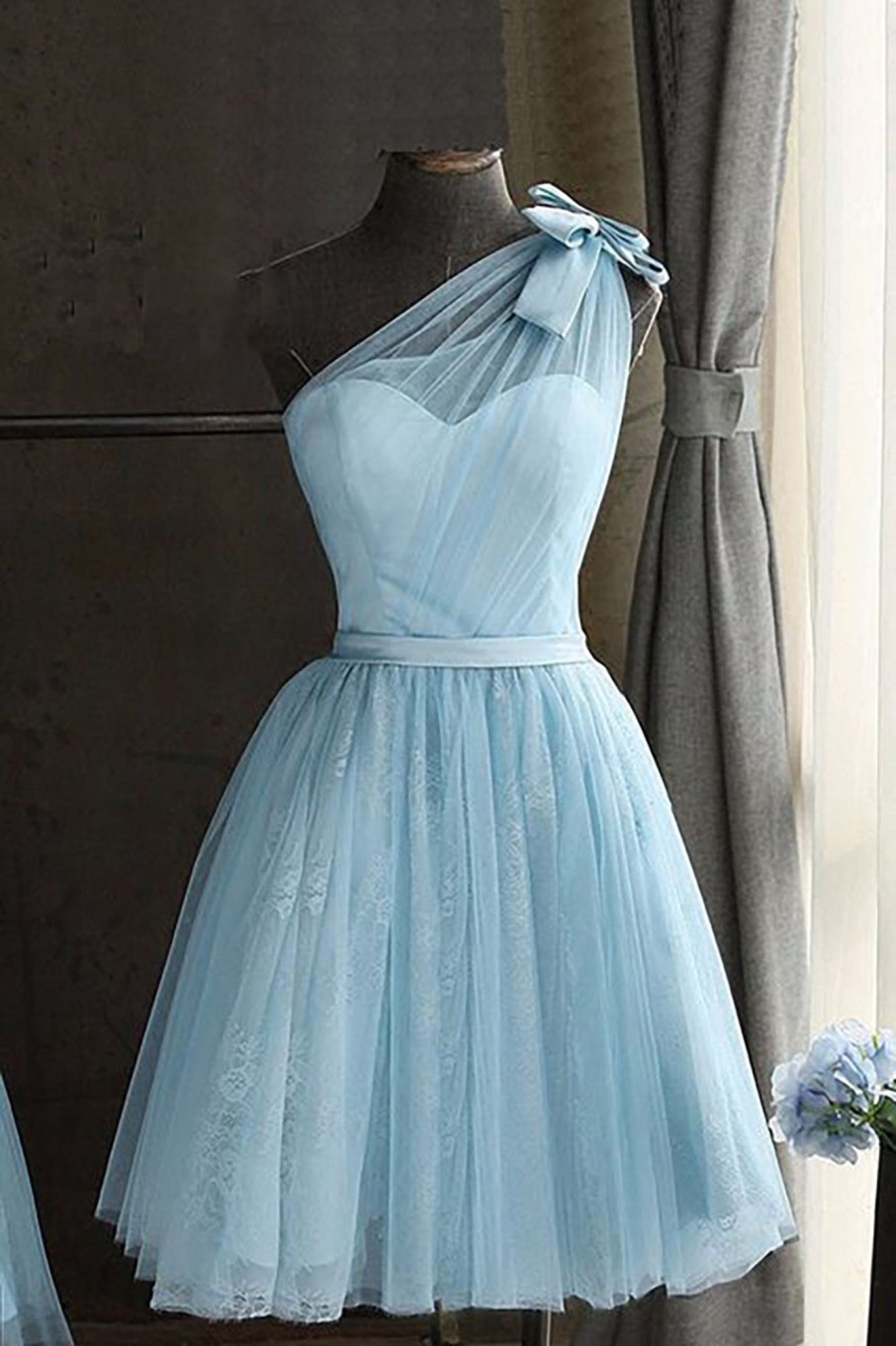 Special Occasion HELLYMOON | One Shoulder Graduation Dress With Bowknot Blue