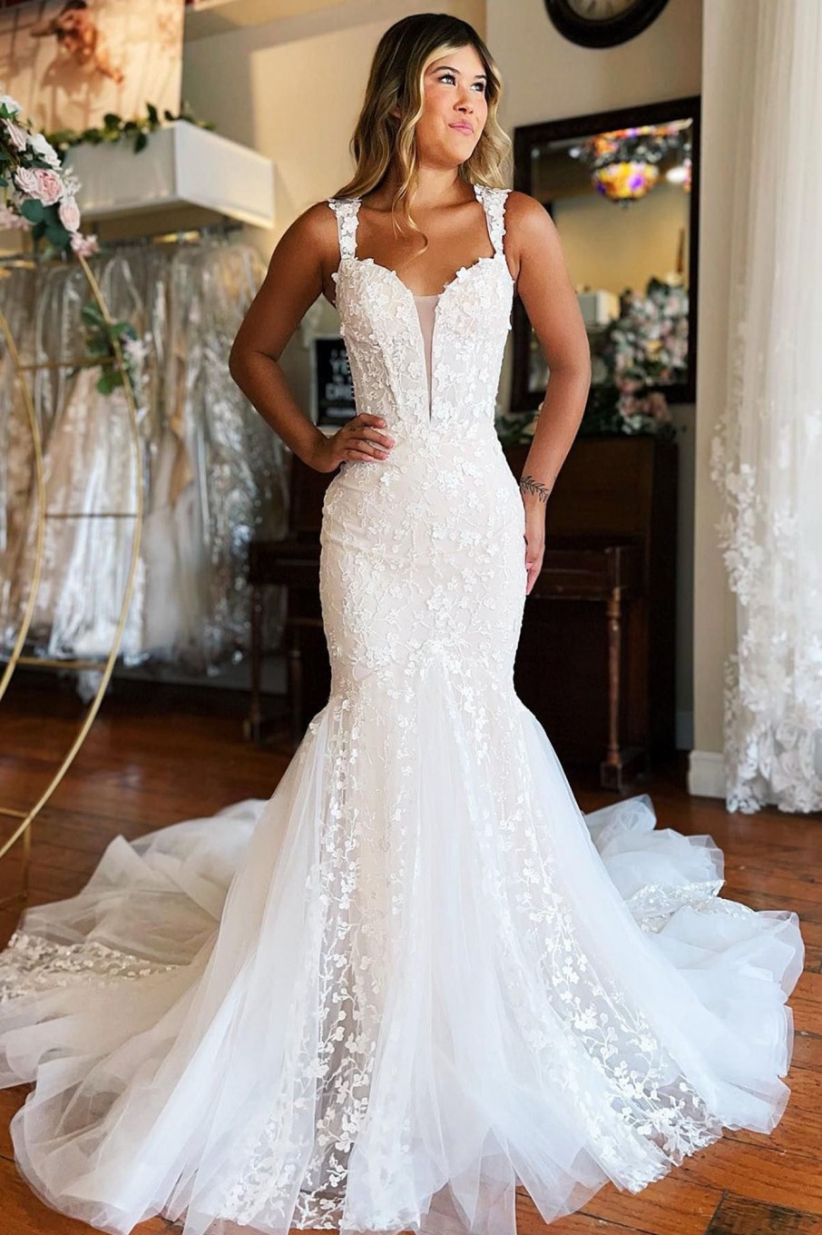 Wedding Dresses HELLYMOON | Mermaid Lace Sweep Train Long Wedding Dress White