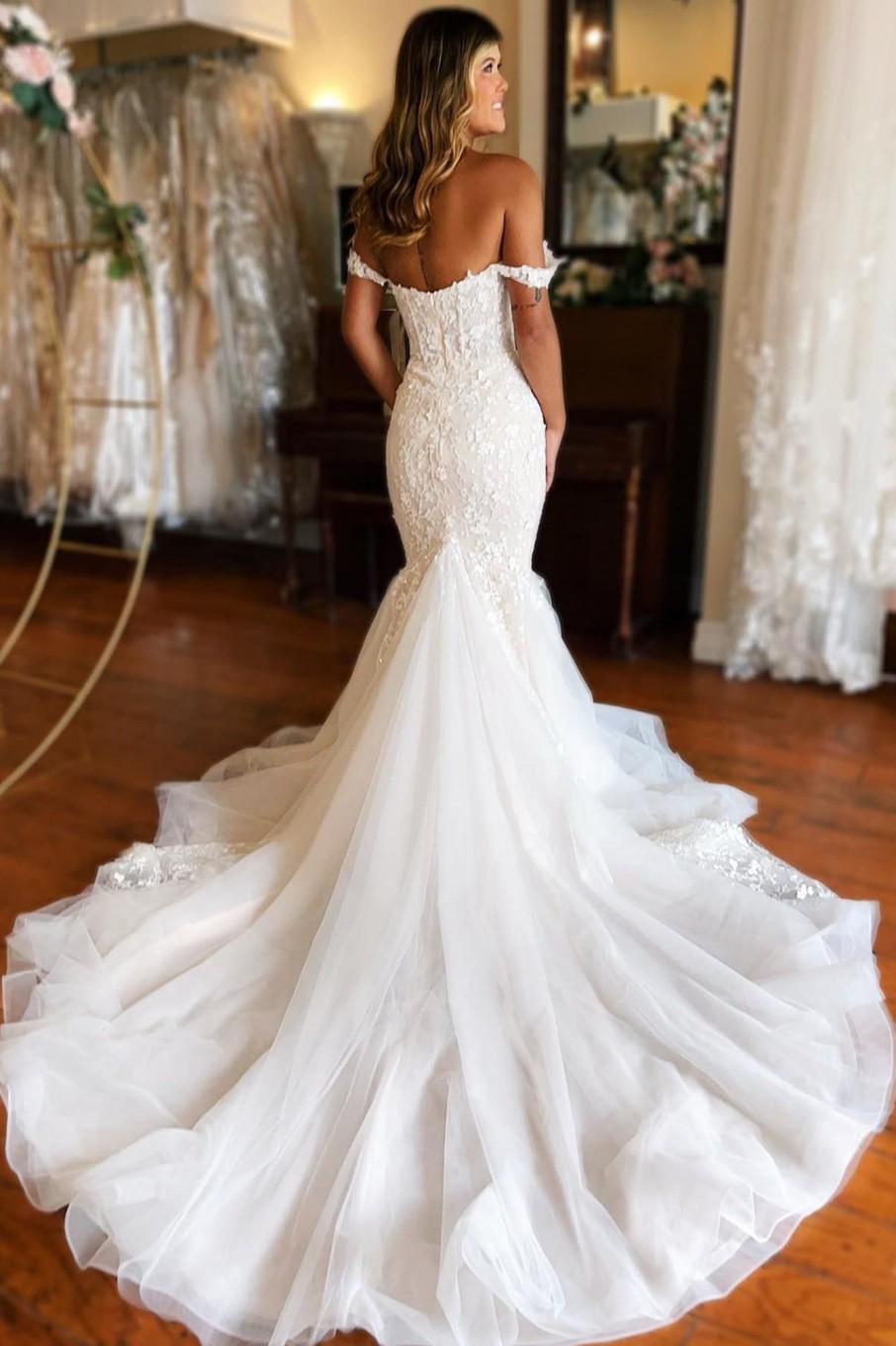 Wedding Dresses HELLYMOON | Mermaid Lace Sweep Train Long Wedding Dress White