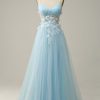 Prom Dresses HELLYMOON | Spaghetti Straps Appliques Prom Dress With Ruffles Sky Blue