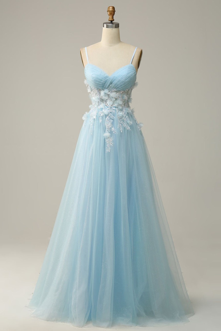 Prom Dresses HELLYMOON | Spaghetti Straps Appliques Prom Dress With Ruffles Sky Blue