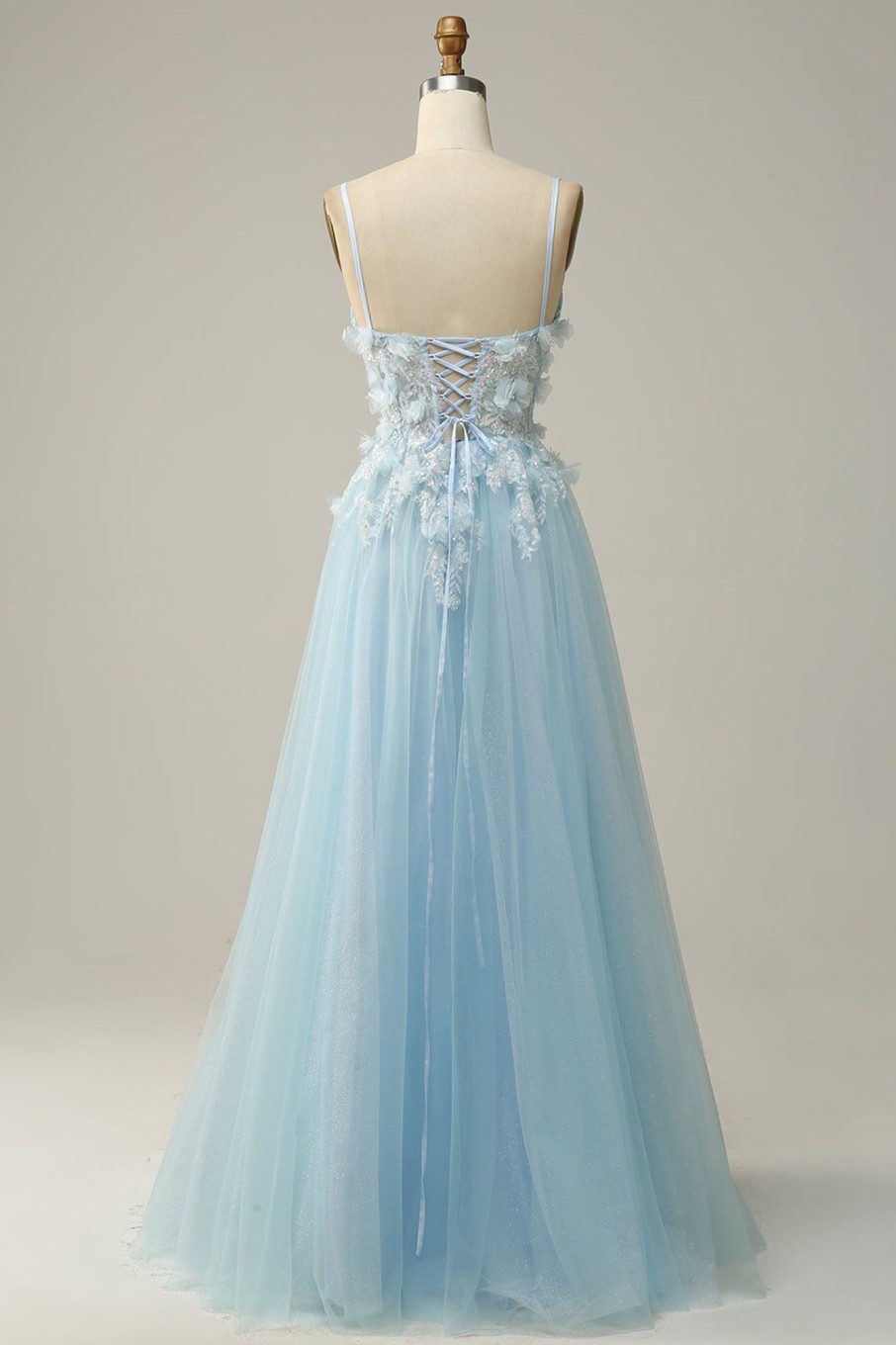 Prom Dresses HELLYMOON | Spaghetti Straps Appliques Prom Dress With Ruffles Sky Blue