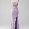 Prom Dresses HELLYMOON | Sparkly Spaghetti Straps Mermaid Prom Dress With Slit Lilac