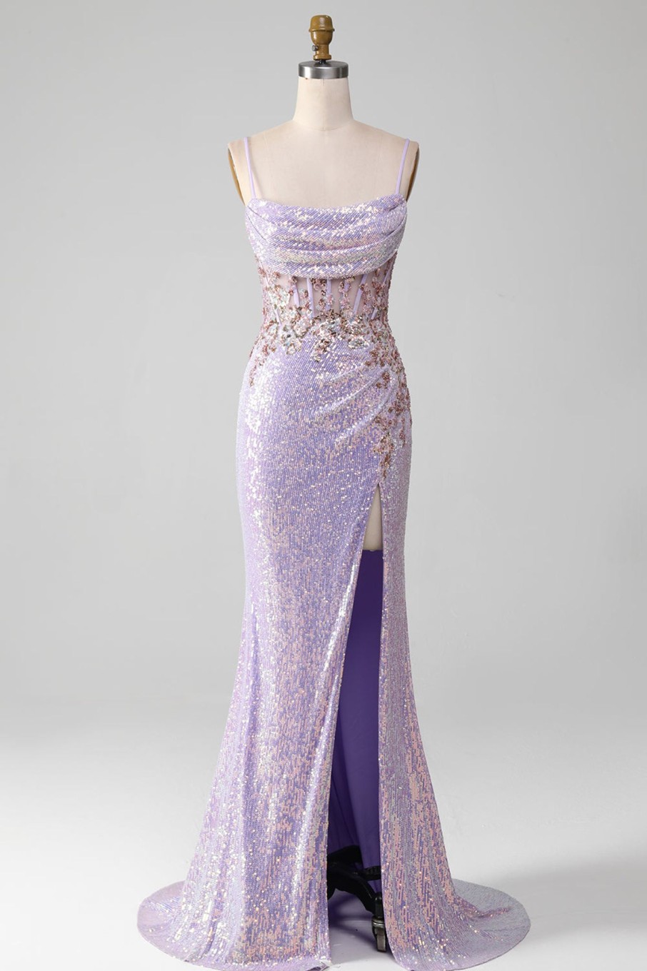 Prom Dresses HELLYMOON | Sparkly Spaghetti Straps Mermaid Prom Dress With Slit Lilac