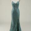 Prom Dresses HELLYMOON | Spaghetti Straps Glitter Prom Dress With Appliques Green