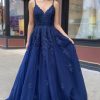 Prom Dresses HELLYMOON | A Line Tulle Prom Dress With Appliques Navy