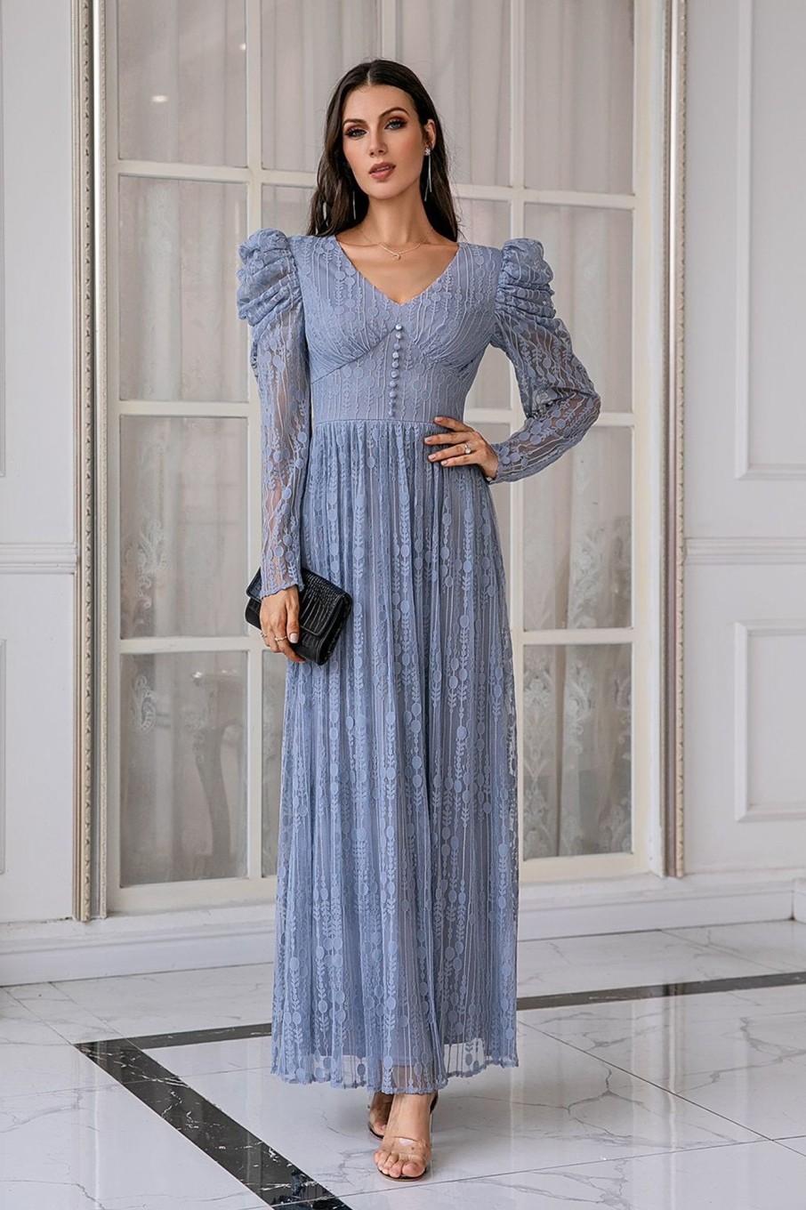 Prom Dresses HELLYMOON | Lace Long Prom Dress With Sleeves Blue