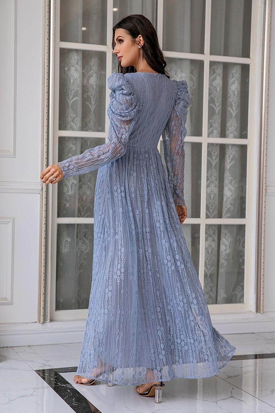 Prom Dresses HELLYMOON | Lace Long Prom Dress With Sleeves Blue