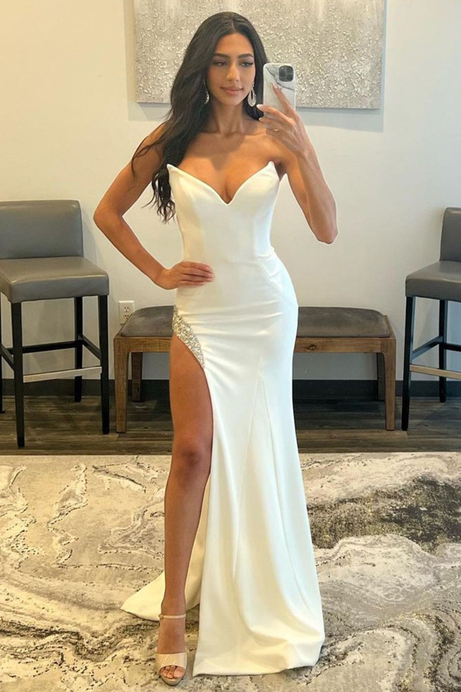 Prom Dresses HELLYMOON | Strapless Beading Mermaid Prom Dress With Slit White