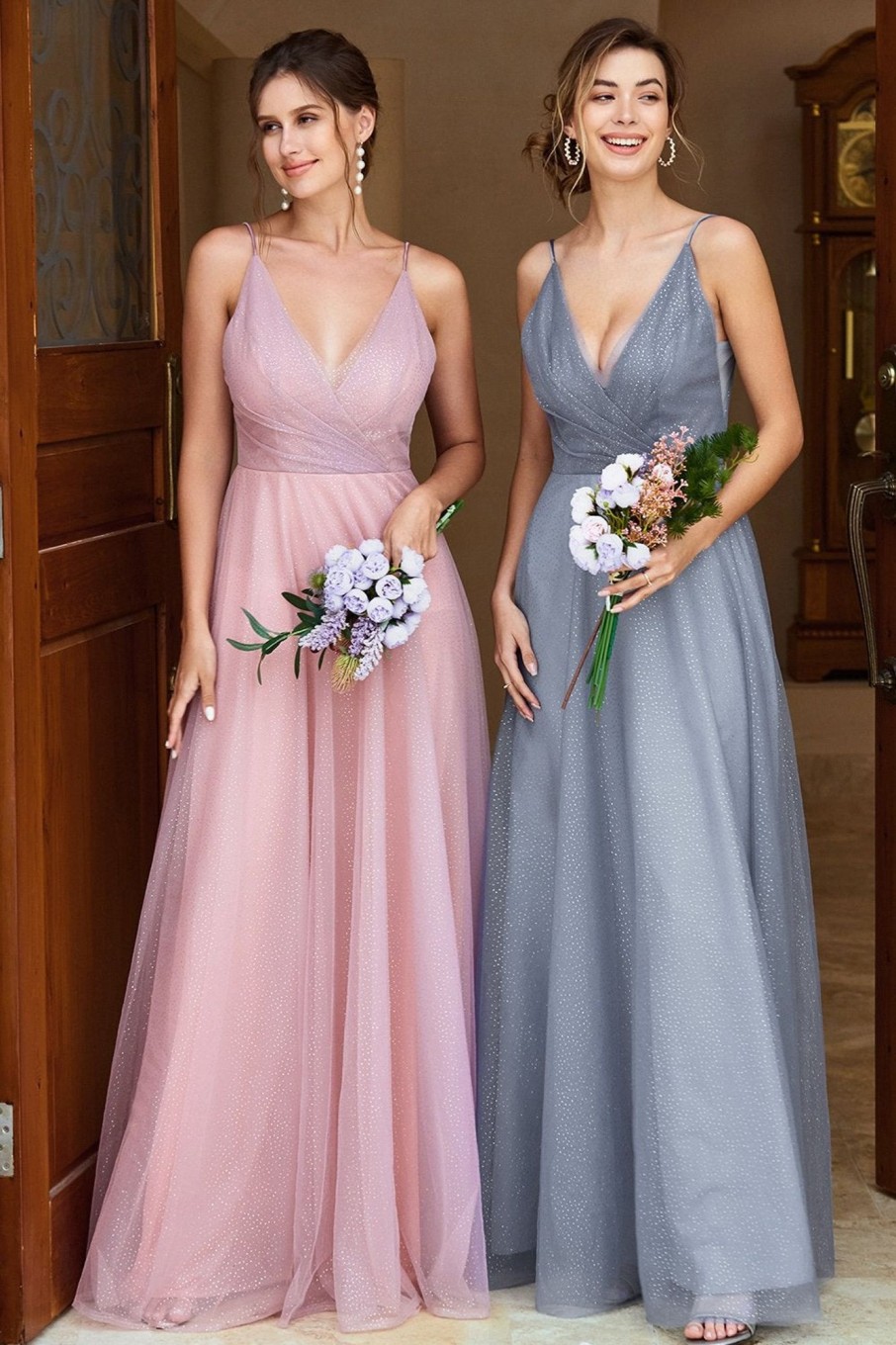 Partywear HELLYMOON | A Line Spaghetti Straps Bridesmaid Dress Grey Pink