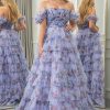 Prom Dresses HELLYMOON | Printed A-Line Convertible Off The Shoulder Long Tiered Prom Dress