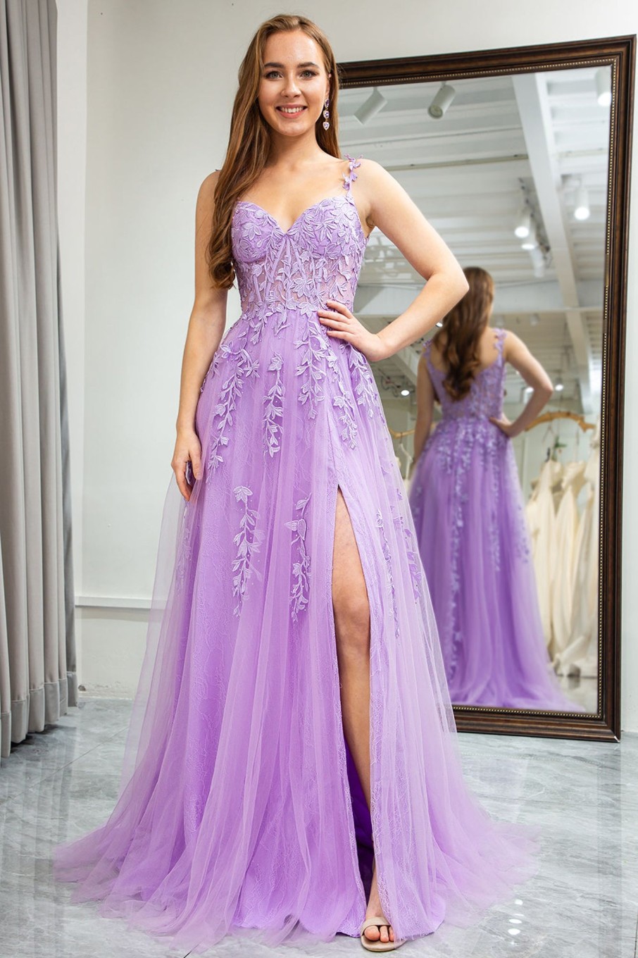 Special Occasion HELLYMOON | A-Line Spaghetti Straps Tulle Prom Dress With Appliques Lilac