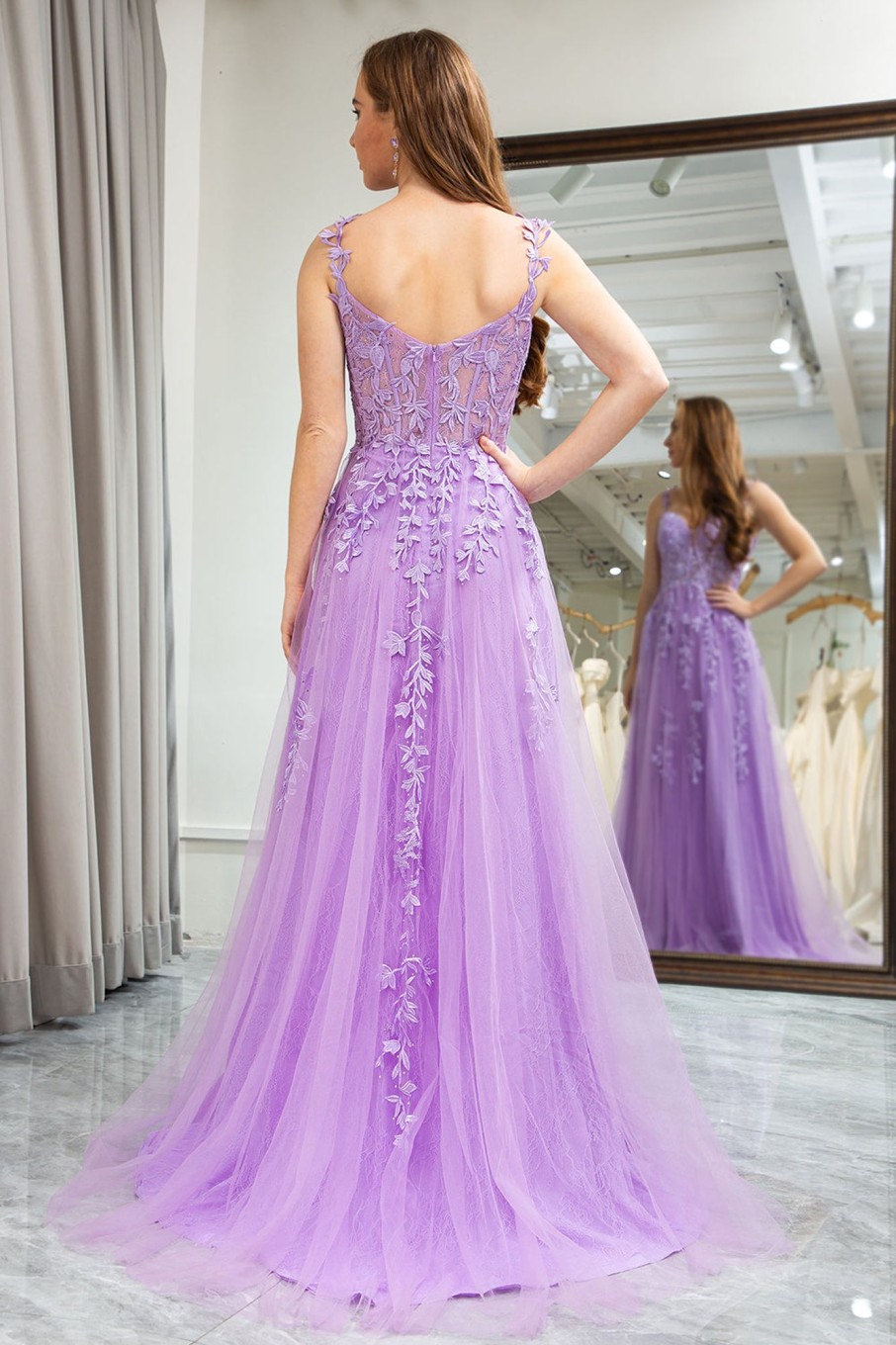 Special Occasion HELLYMOON | A-Line Spaghetti Straps Tulle Prom Dress With Appliques Lilac