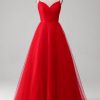 Prom Dresses HELLYMOON | Tulle Pleated V-Neck A-Line Tie Back Prom Dress Red