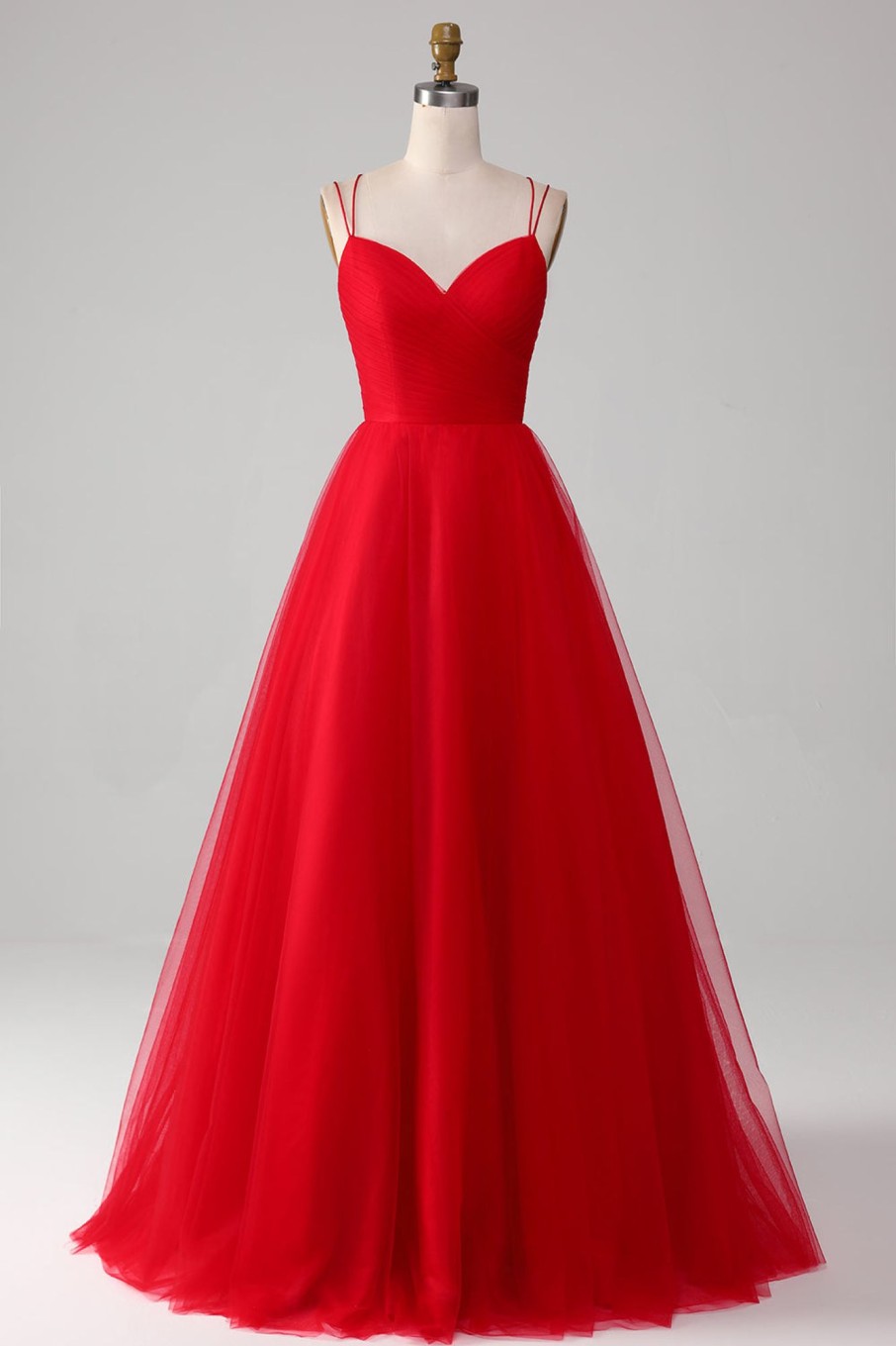 Prom Dresses HELLYMOON | Tulle Pleated V-Neck A-Line Tie Back Prom Dress Red