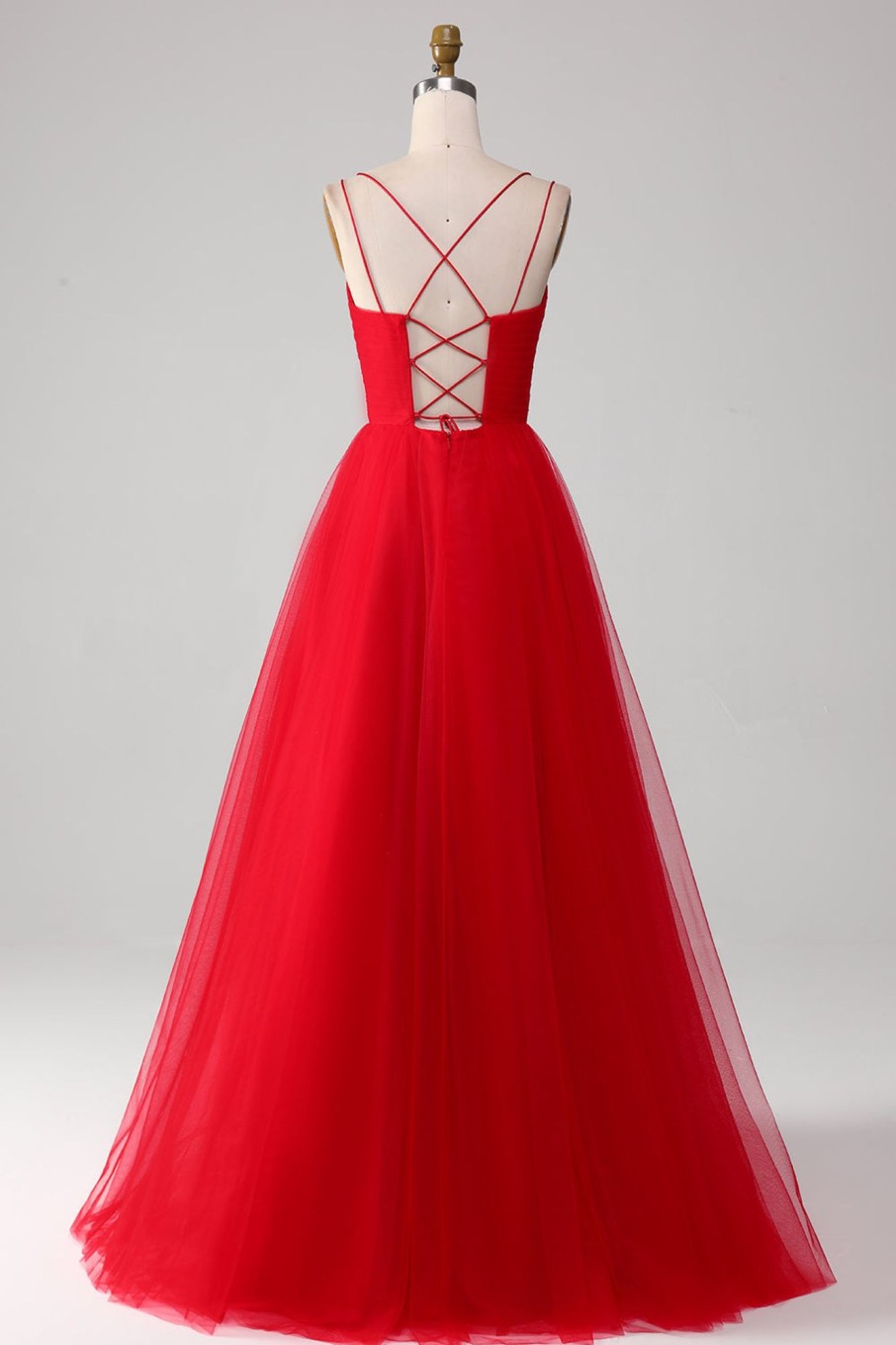 Prom Dresses HELLYMOON | Tulle Pleated V-Neck A-Line Tie Back Prom Dress Red