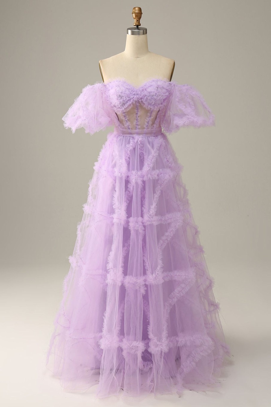 Prom Dresses HELLYMOON | Tulle Off The Shoulder A Line Prom Dress Lavender