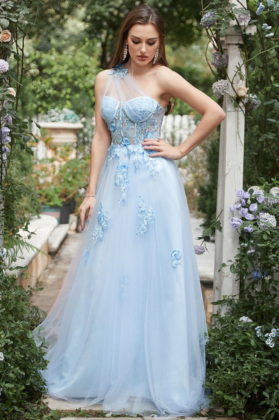 Special Occasion HELLYMOON | One Shoulder A Line Tulle Prom Dress With Beading Blue