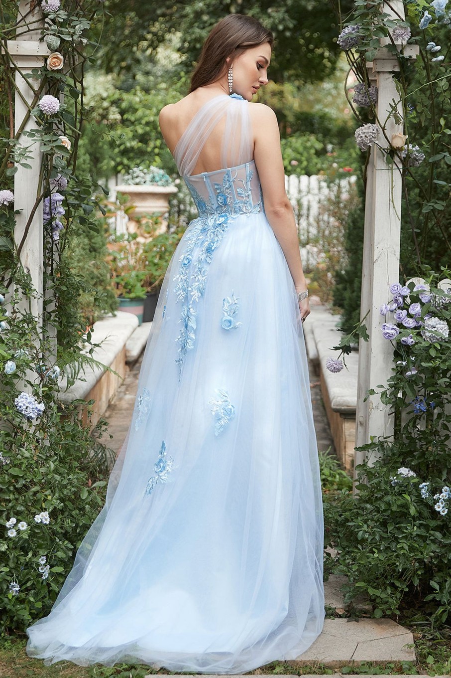 Special Occasion HELLYMOON | One Shoulder A Line Tulle Prom Dress With Beading Blue