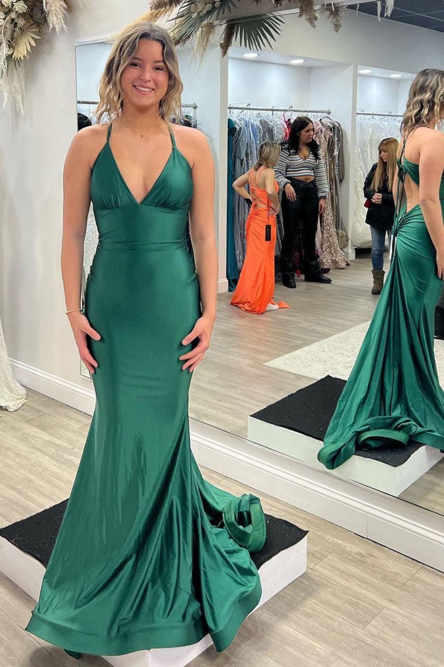 Special Occasion HELLYMOON | Mermaid V-Neck Satin Simple Prom Dress Green