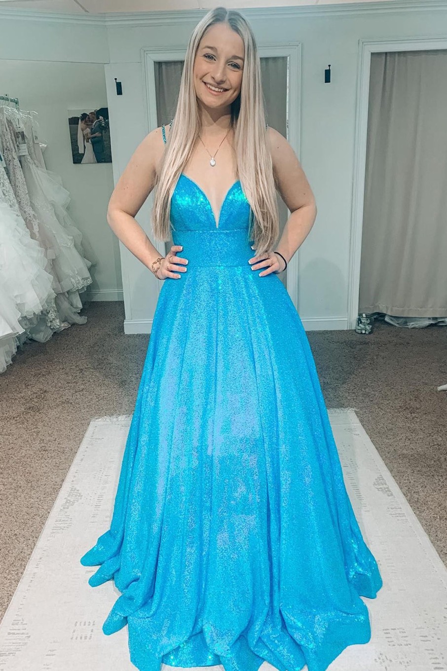 Special Occasion HELLYMOON | A Line Sparkly Prom Dress With Hollow Out Back Light Blue