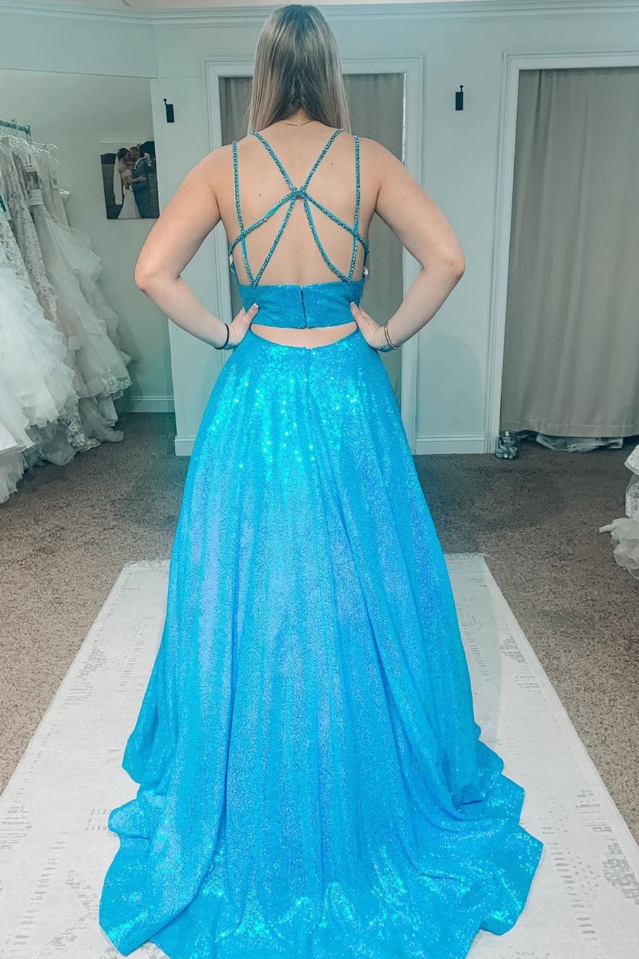 Special Occasion HELLYMOON | A Line Sparkly Prom Dress With Hollow Out Back Light Blue