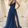 Prom Dresses HELLYMOON | A-Line Spaghetti Straps Tulle Prom Dress With Appliques Navy