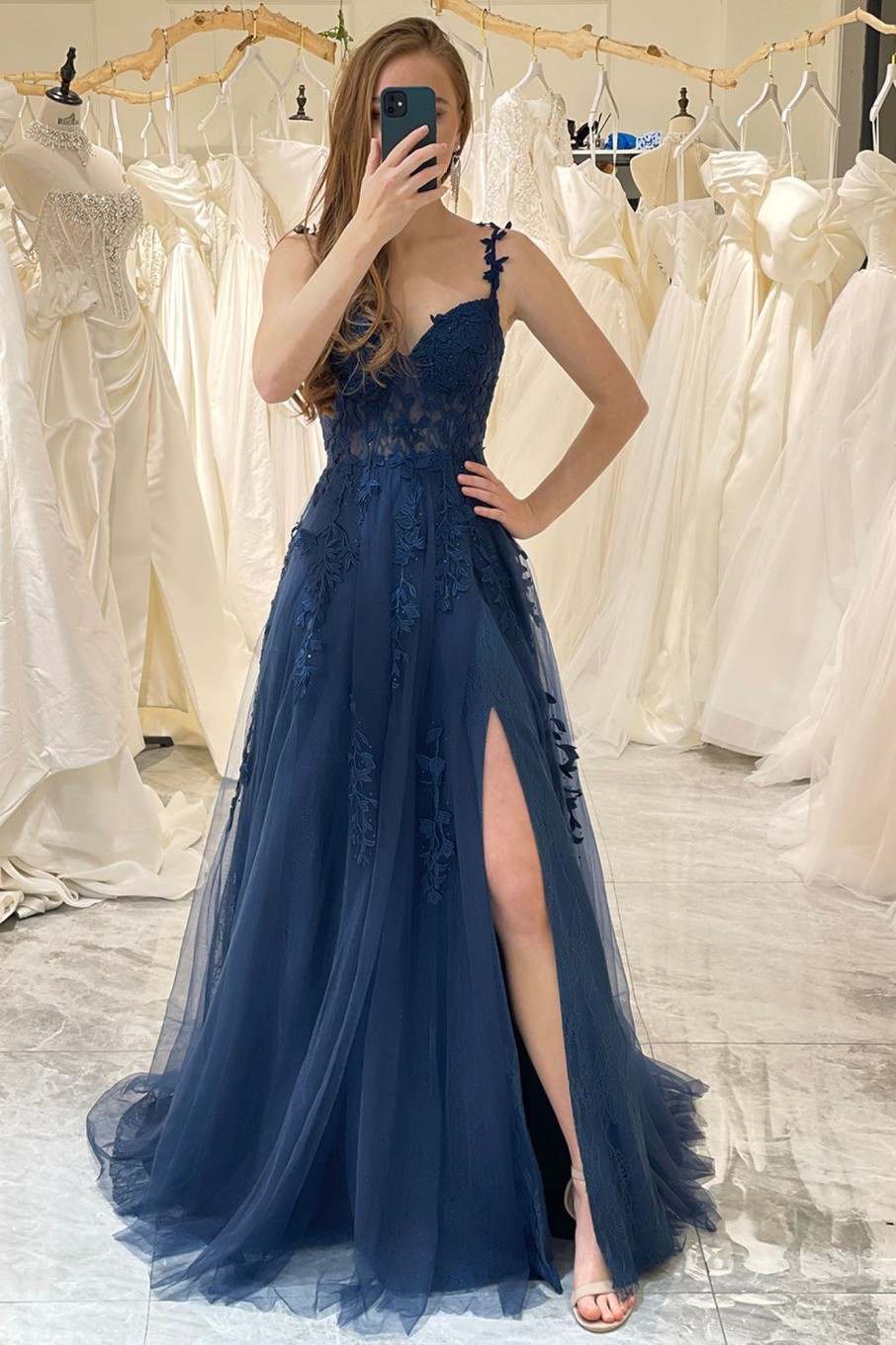 Prom Dresses HELLYMOON | A-Line Spaghetti Straps Tulle Prom Dress With Appliques Navy