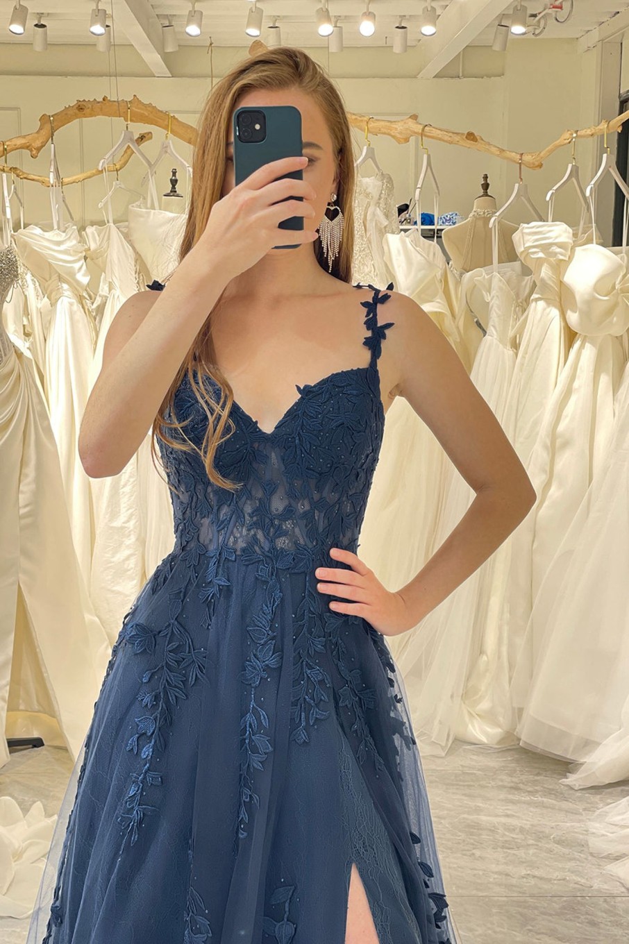 Prom Dresses HELLYMOON | A-Line Spaghetti Straps Tulle Prom Dress With Appliques Navy