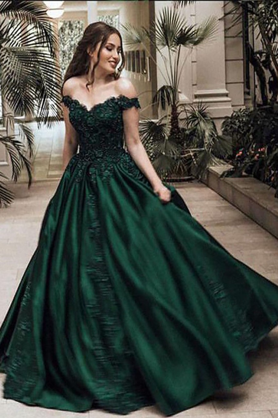 Prom Dresses HELLYMOON | Off The Shoulder Princess Prom Dress With Lace Dark Green