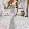 Wedding Dresses HELLYMOON | Mermaid Deep V-Neck Cap Sleeves Long Wedding Dress With Lace White